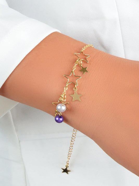 Gold Chain White Purple Beads Star Charm Trendy Bracelet Teen Ladies Jewellery Feelontop Jewellery
