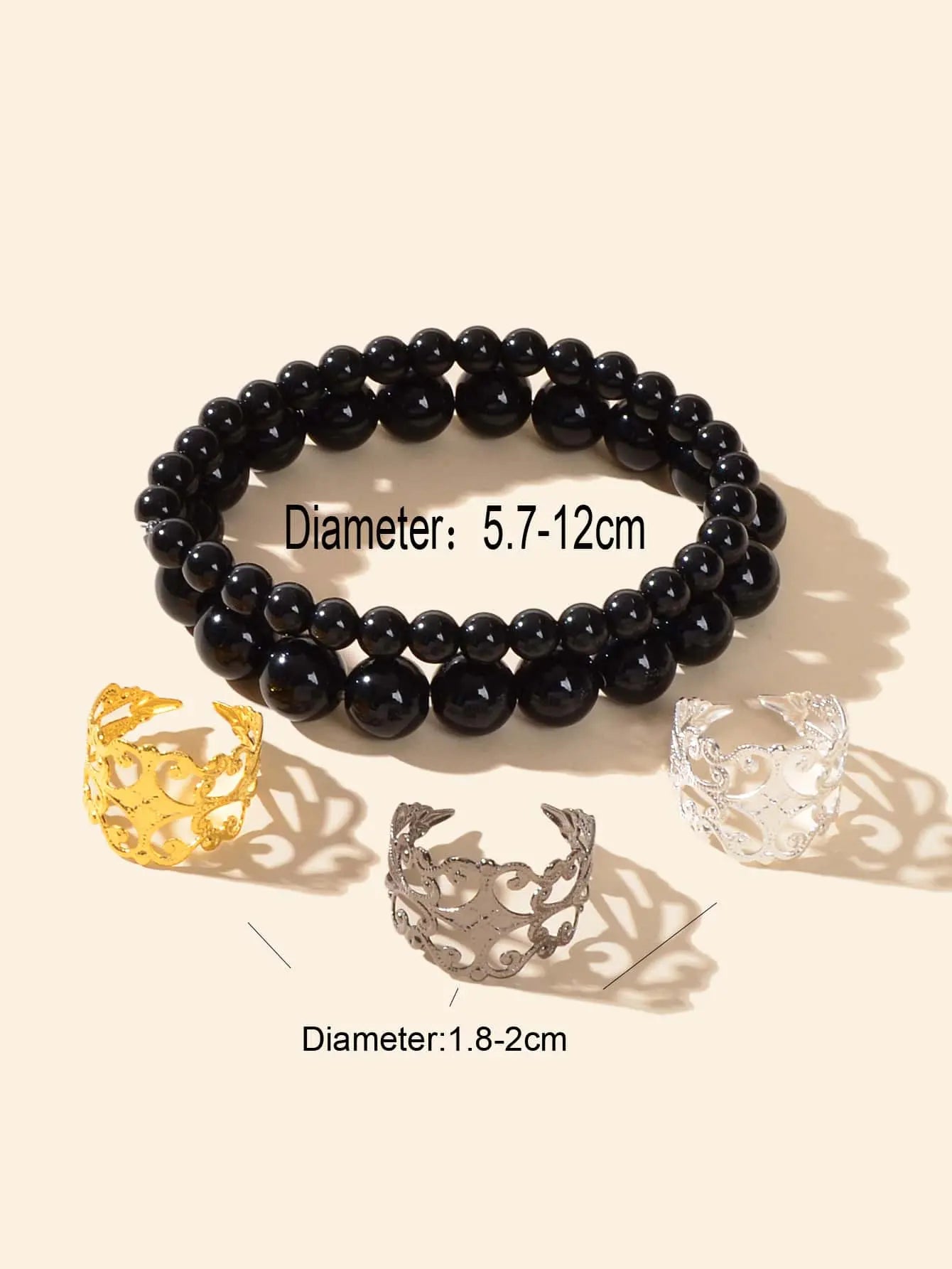 Double Layer Black Bead Bracelet with 3 Vintage Rings Set - Retro Chic Ensemble Feelontop Jewellery