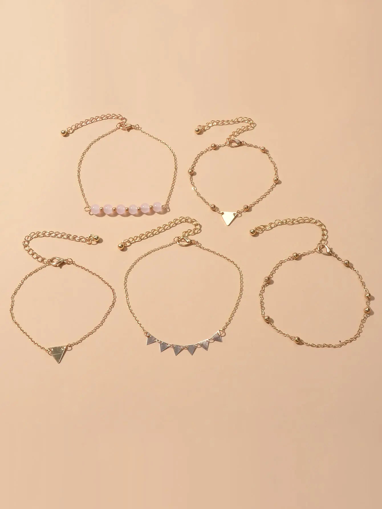 5pcs Gold Color Chain Pink Beads Triangle Decor Bracelet set Boho Chic Jewellery Feelontop Jewellery