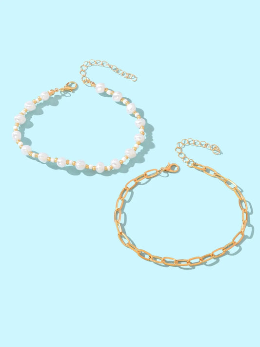 2 pcs Gold Link Chain Pearl Beaded Strand Beach Anklet Adjustable Foot Jewellery Feelontop Jewellery