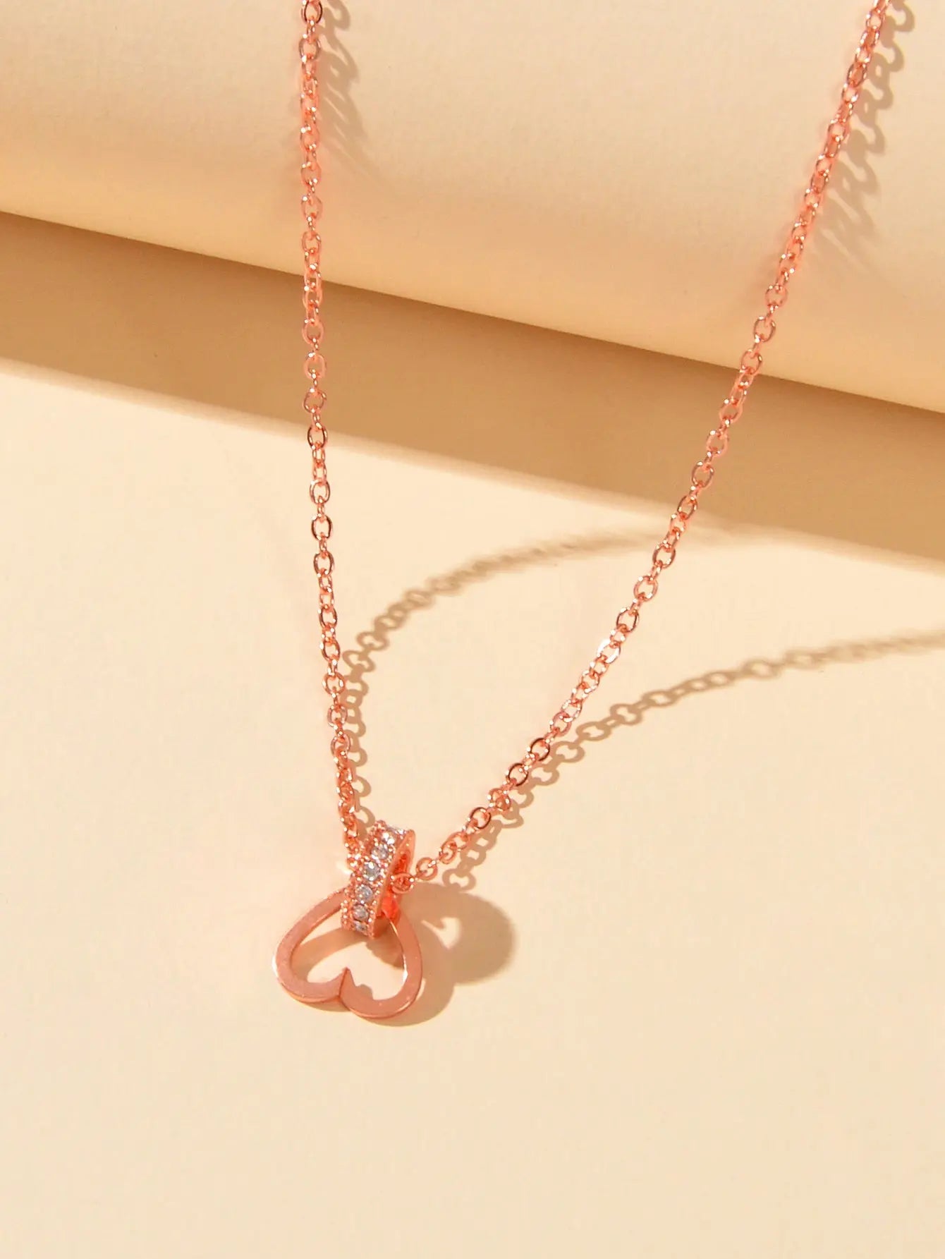 Wedding Engagement Jewelry Rose Gold Chain Rhinestone Circle Heart Charm Necklace Feelontop Jewellery