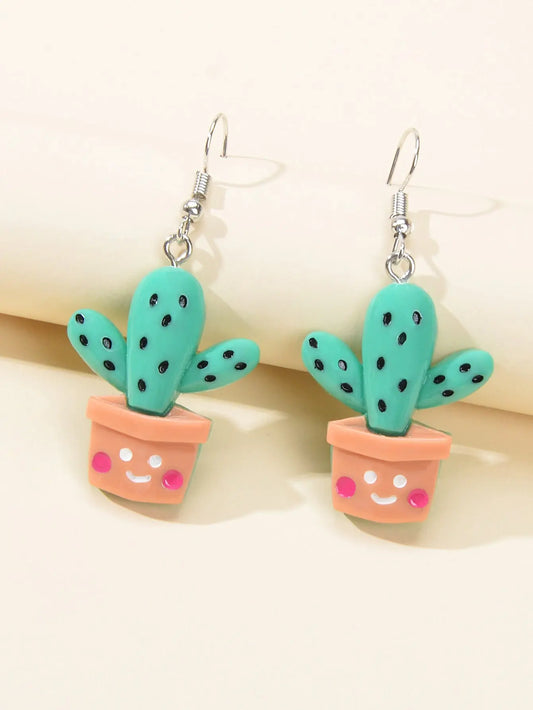 3D Cartoon Multi-colored Cactus Flowerpot Plant Drop Earrings Women Funny Gifts Feelontop Jewellery