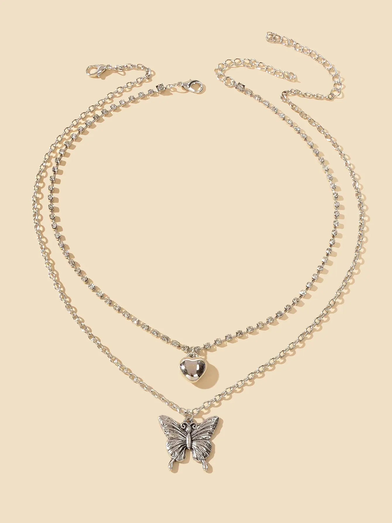 2 pcs Multiple Layered Rhinestone Chain Silver Heart Carved Butterfly Necklace Feelontop Jewellery