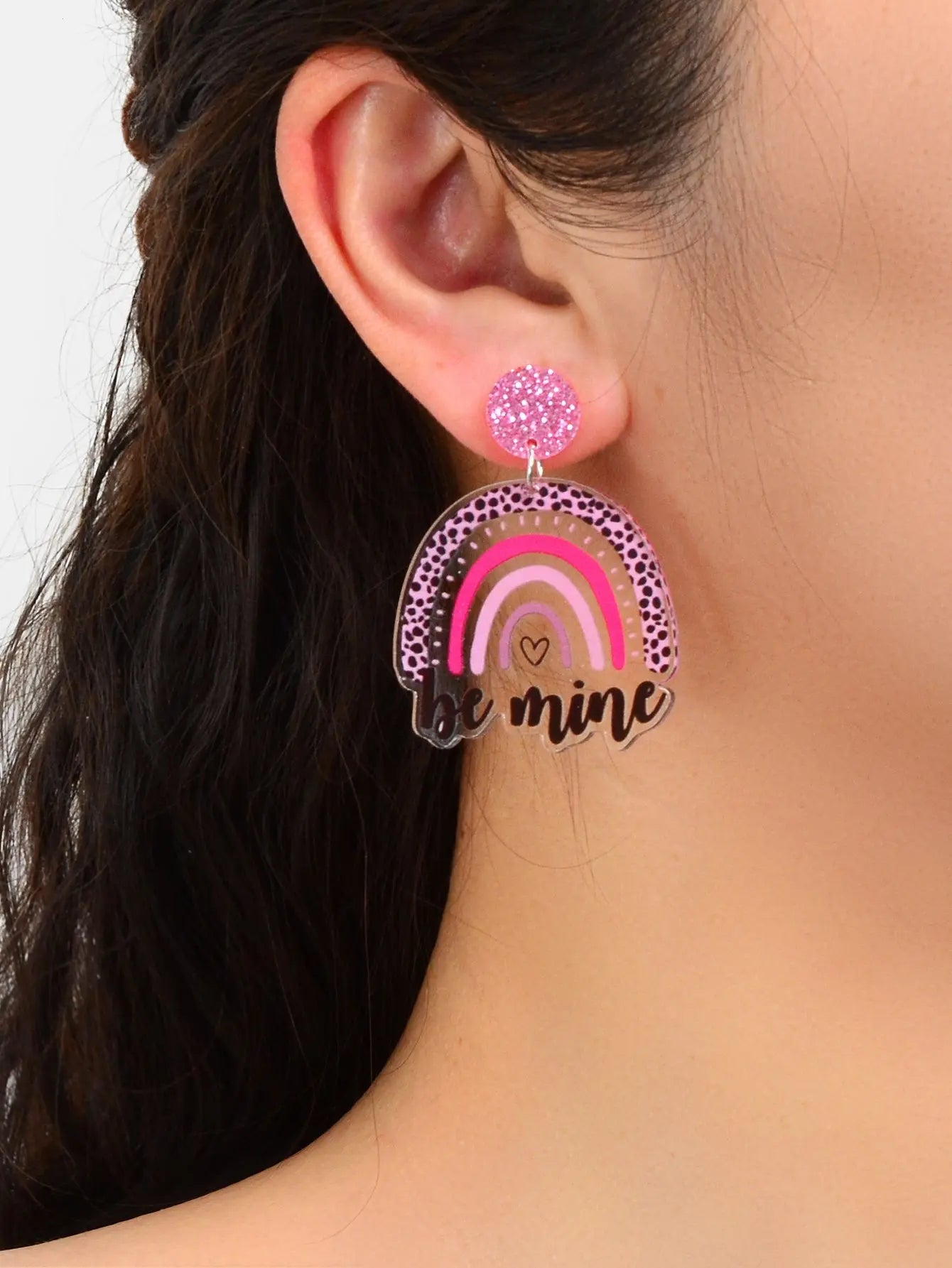 Sweet Y2k Style Pink Leopard Heart Rainbow Letter Acrylic Dangle Chunky Earrings Feelontop Jewellery