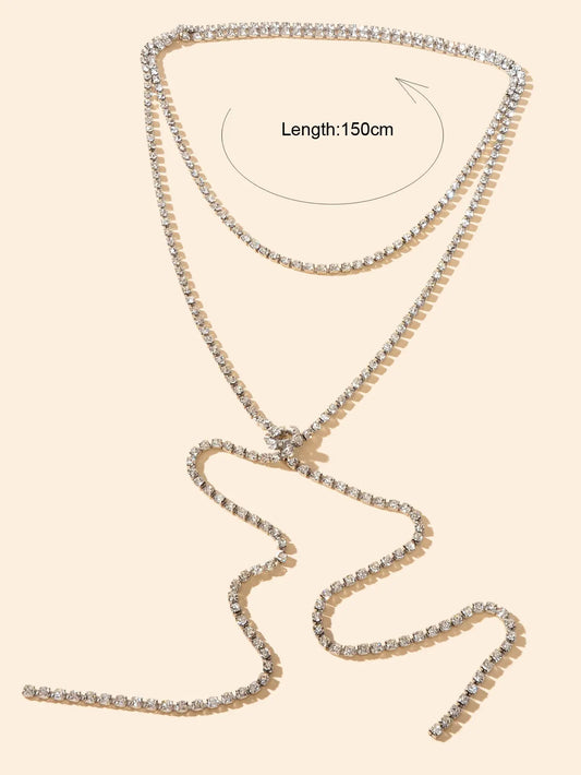 Luxury Multilayered Silver Chain Tassel Full Rhinestone Long Y Style Necklace Feelontop Jewellery