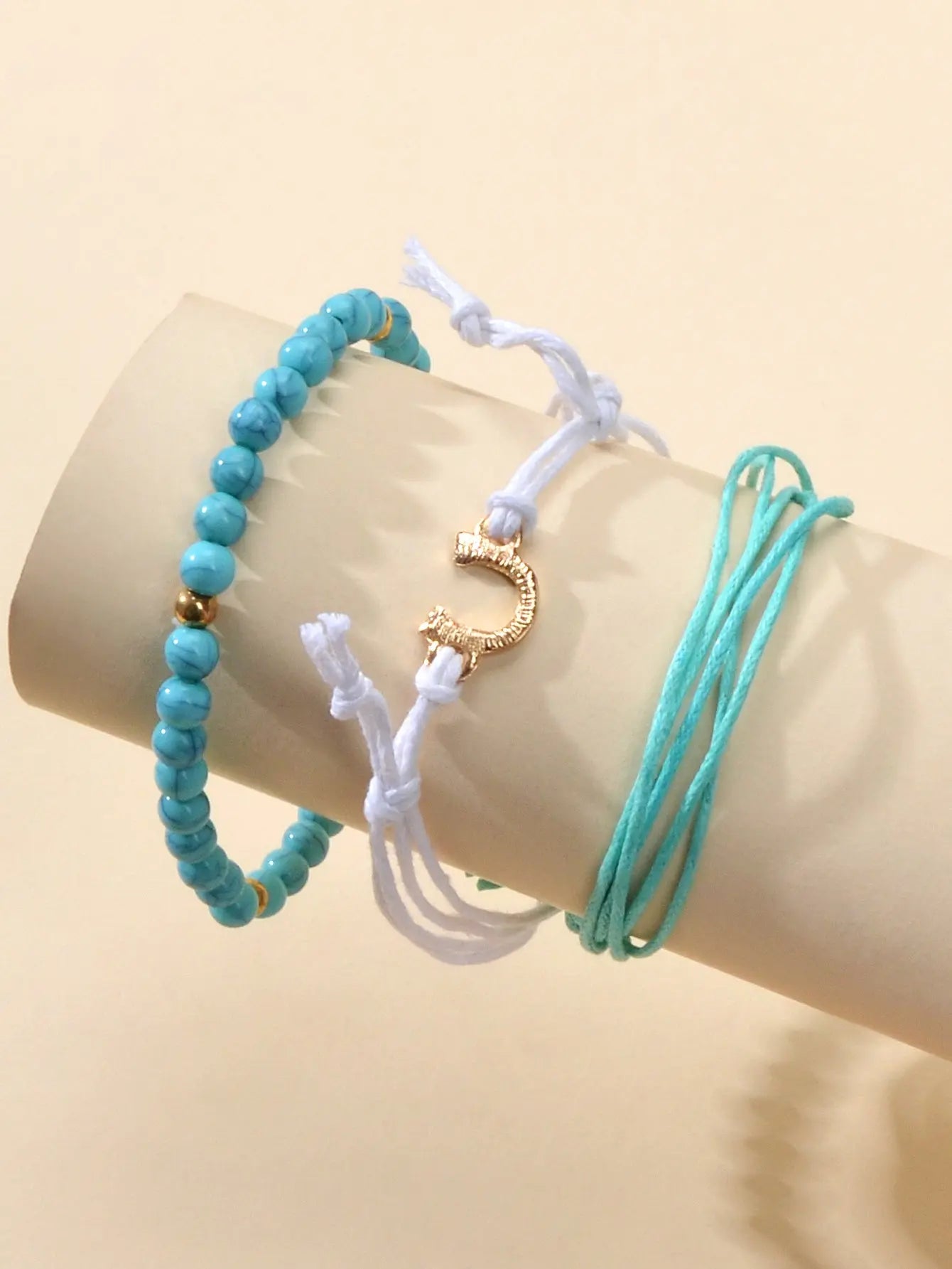 Ethnic Jewellery 3 pcs White Blue Rope Turquoise Elastic Bohemian Bracelets set Feelontop Jewellery