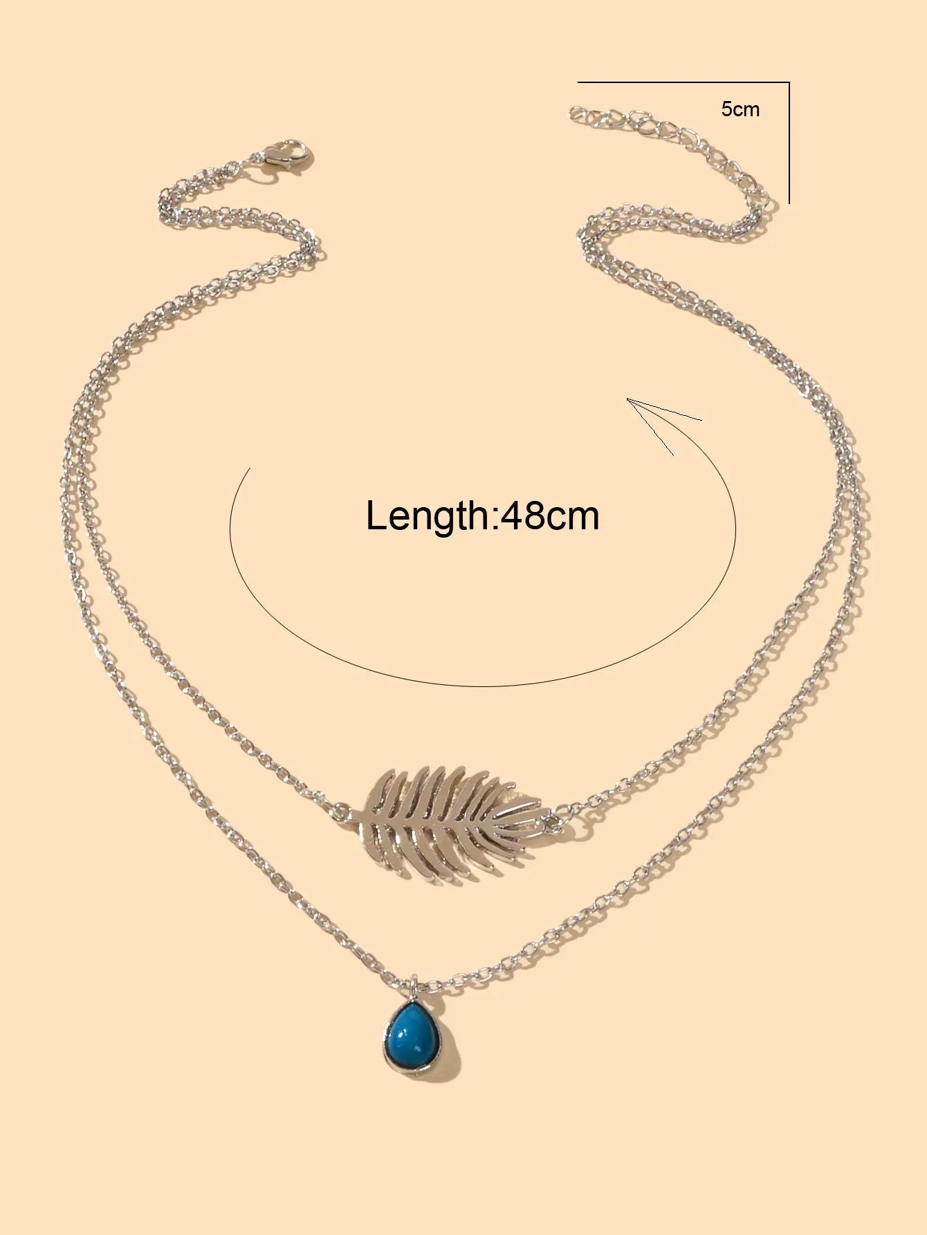 Trendy Double layer Silver Chain Leaf Charm Blue Bead Water Drop Charm Necklace Feelontop Jewellery