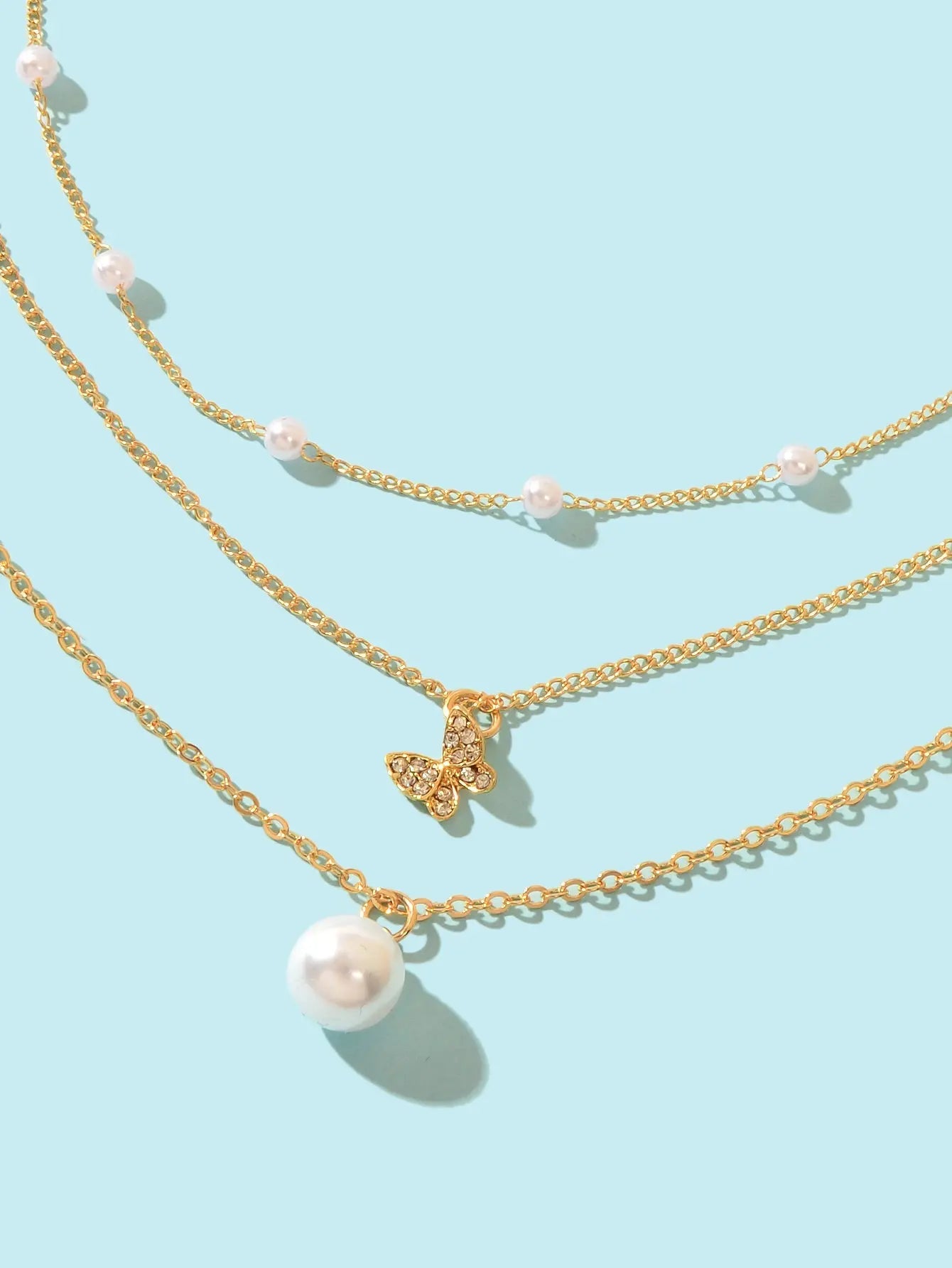 3 pcs Exquisite Pearl Rhinestone Gold Chain Layered Butterfly Pendant Necklace Feelontop Jewellery
