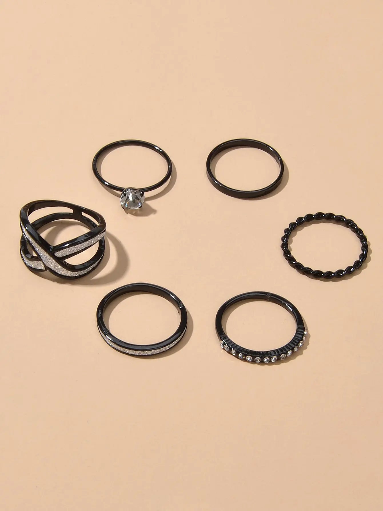 6pcs Stackable Rhinestone Black Midi Finger Knuckle Rings set Wedding Party Wear Feelontop Jewellery