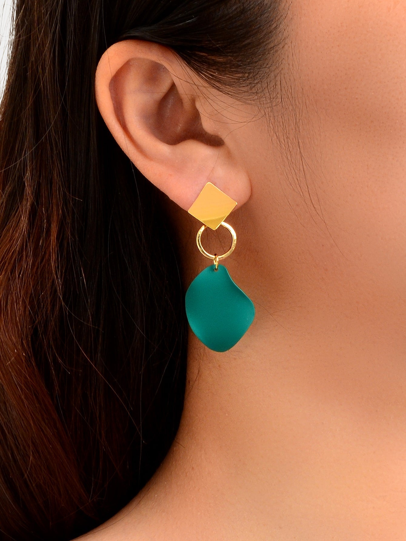Elegant Gold Sqaure Circle Geometric Dark Green Charm Dangle Party Stud Earrings Feelontop Jewellery