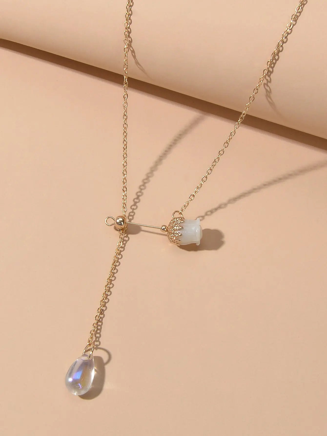 Elegant Jewellery Gold Chain Acrylic Water Drop Beads Flower Charm Y Necklace Feelontop Jewellery