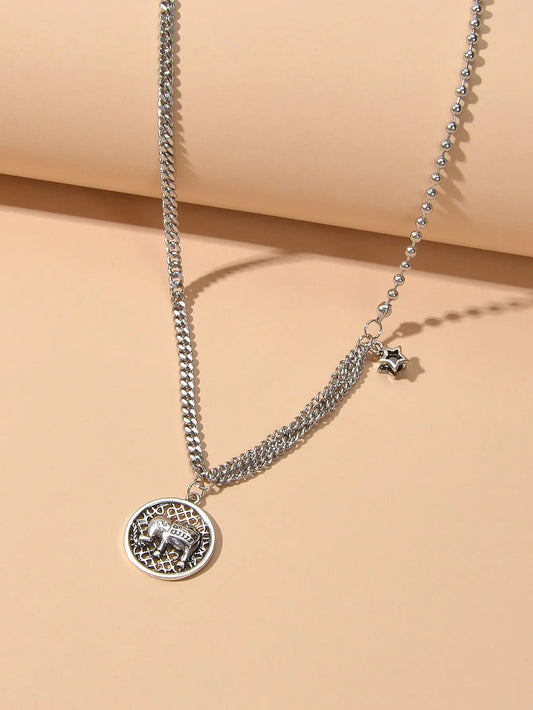 Intricate Antique Silver Multiple Chain Star Elephant Hollow Round Necklace Gift Feelontop Jewellery