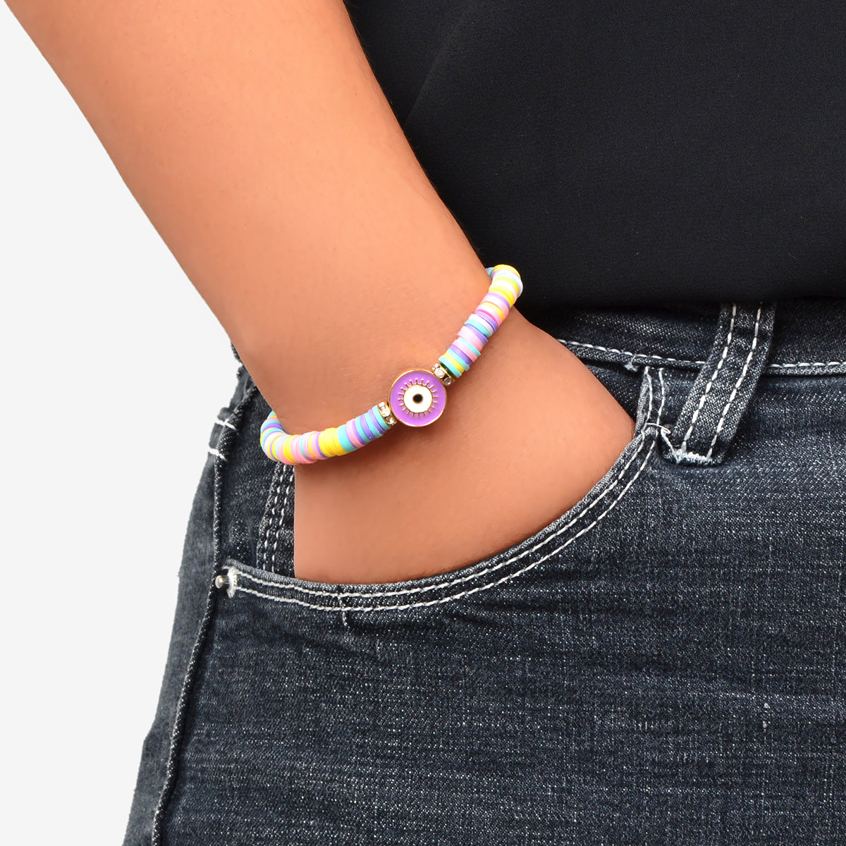 Heishi Surfer Handmade Evil Eye Rainbow Vinyl Disc Beaded Stretchy Bracelet Gift Feelontop Jewellery