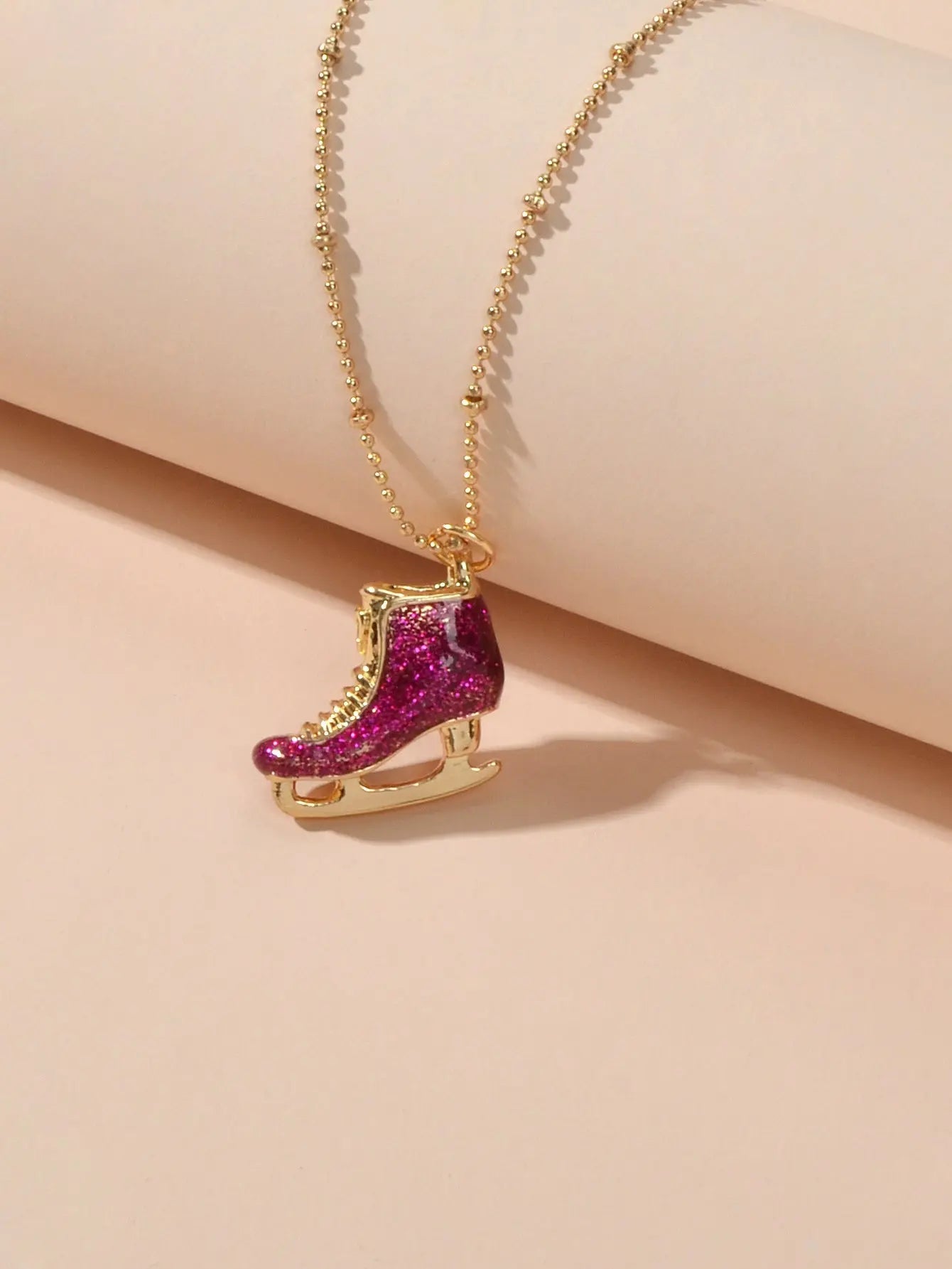 Funny Gift for Women Gold Popcorn Chain Hotpink Ice Skate Shoes Pendant Necklace-1