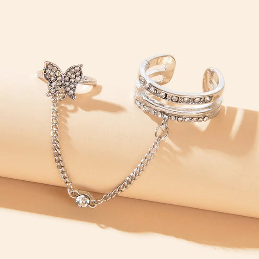 Personality Rhinestone Silver Butterfly Double Fingers Ring with Chain Ear Cuff Feelontop Jewellery