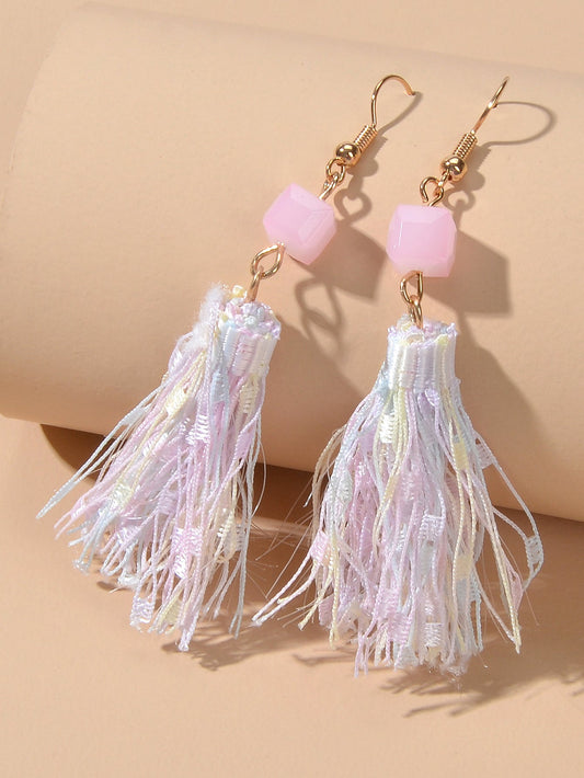 Ethnic Traditional Jewellery Pink Beads Rope Tassel Dangle Earrings for Women Feelontop Jewellery