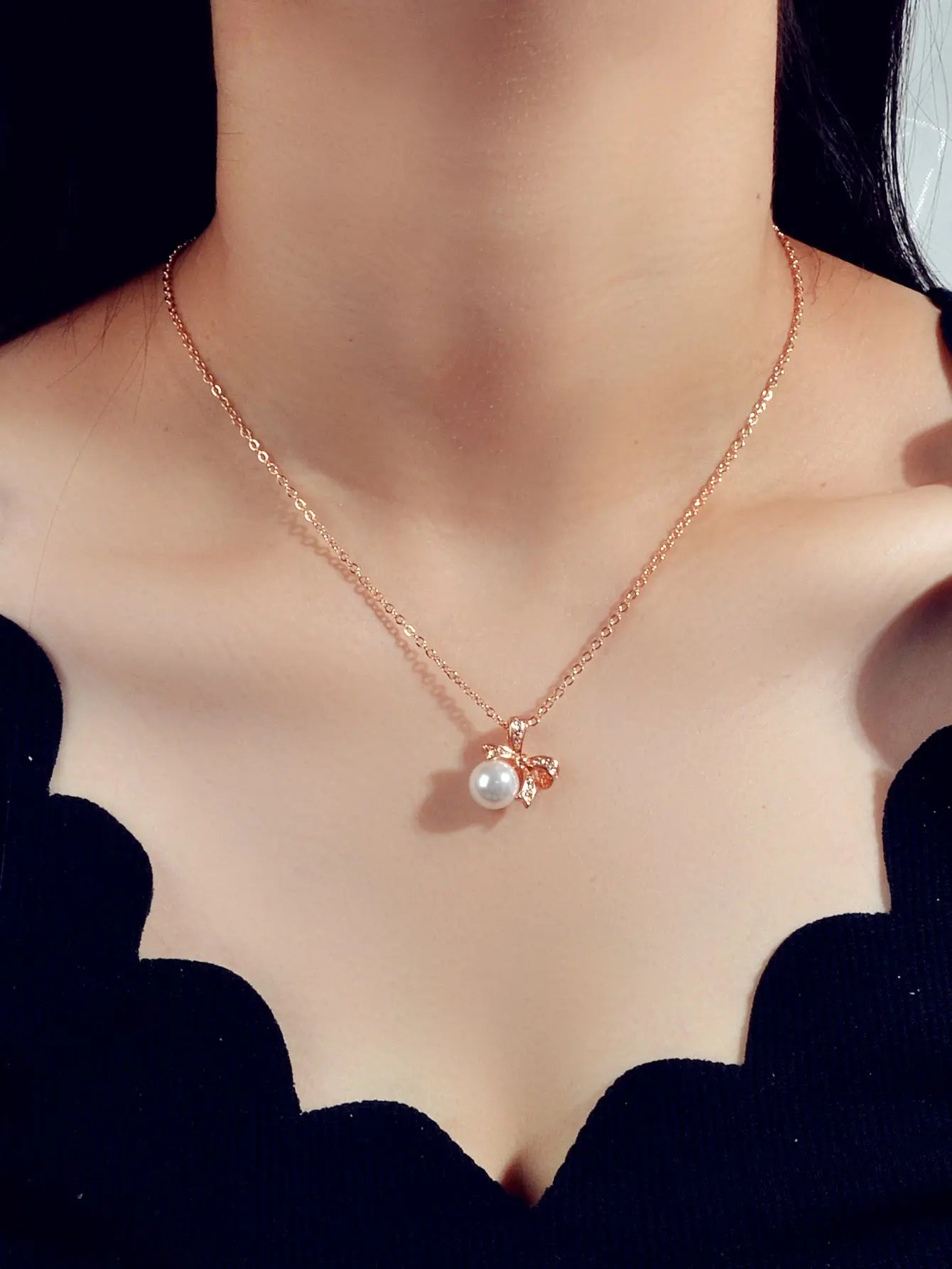 Anniversary Wedding Jewellery Rhinestone Rosegold Chain Pearl Bowknot Necklace Feelontop Jewellery