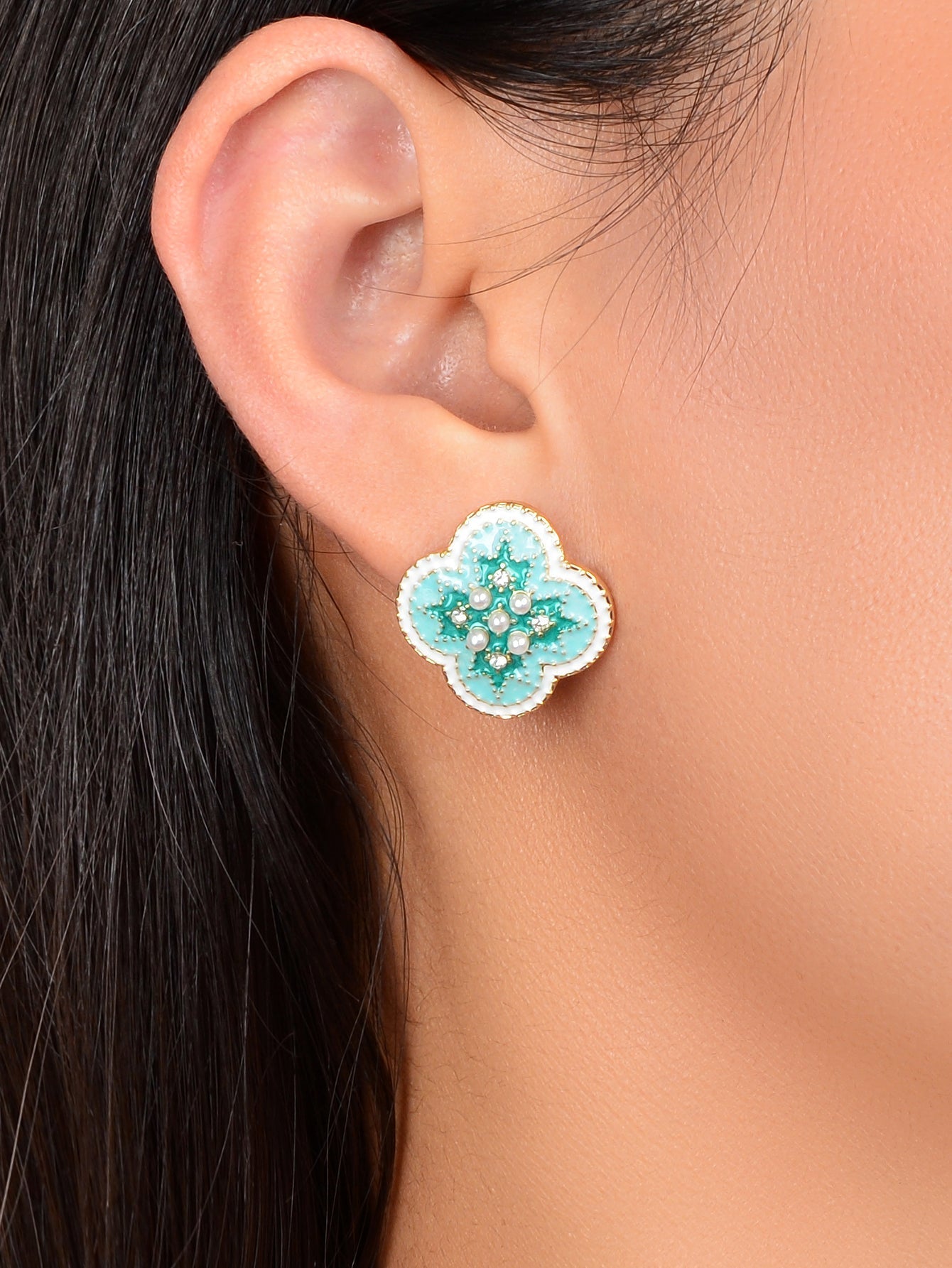 Exquisite Rhinestone and Pearl Decor Green Enamel Flower Stud Earrings for Women Feelontop Jewellery