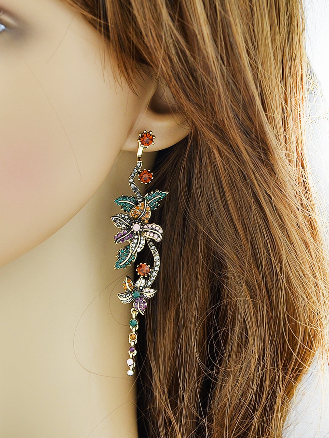 Vintage Luxurious Colourful Rhinestone Antique Gold Flower Long Pendant Earrings Feelontop Jewellery