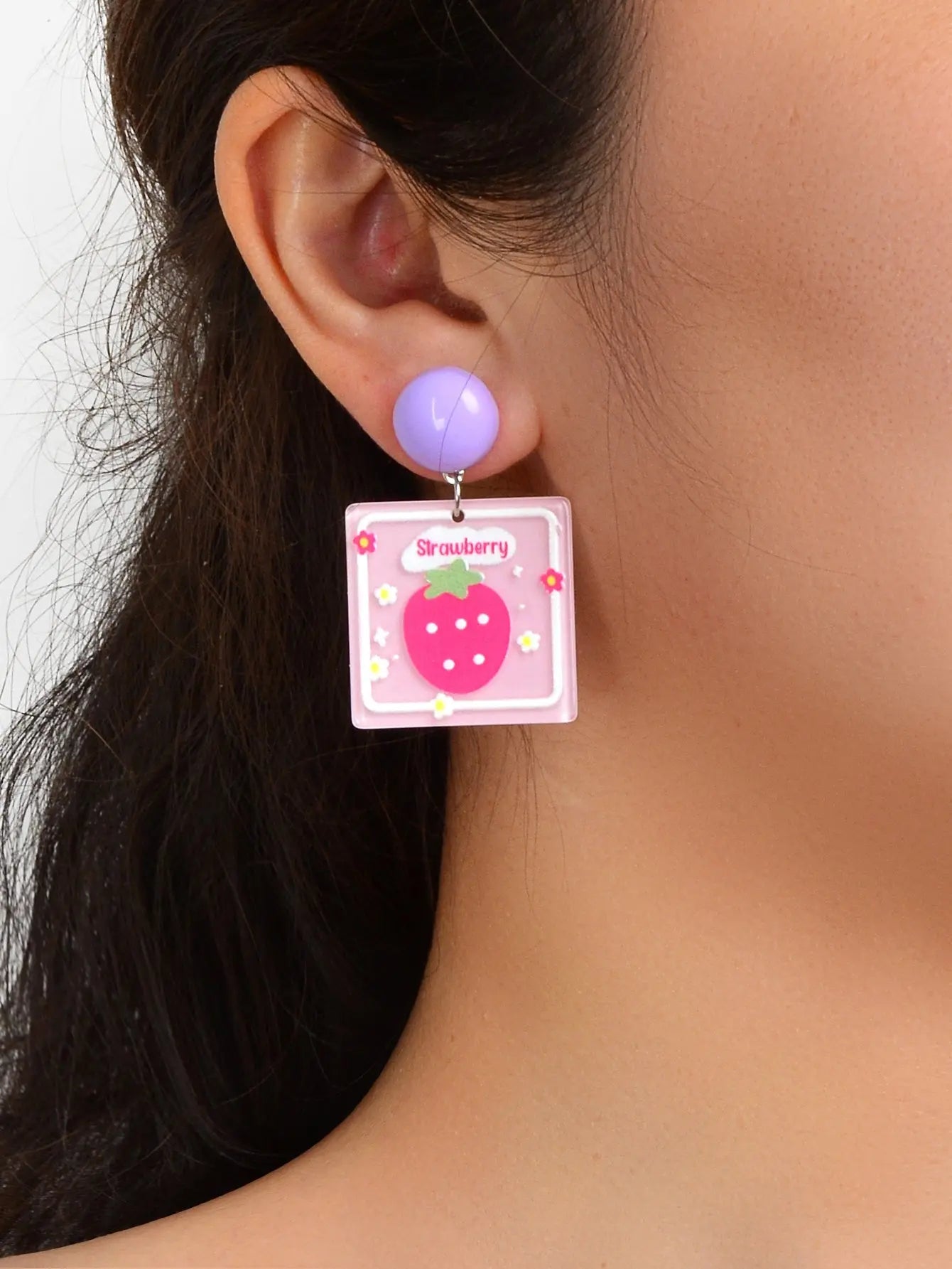 Sweet Acrylic Pink Strawberry Square Dangle Stud Earrings Y2k Style Accessories Feelontop Jewellery
