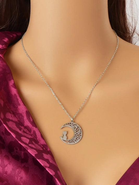 Party Jewelry Gift Silver Chain Stainless Steel Hollow Moon Cat Pendant Necklace Feelontop Jewellery