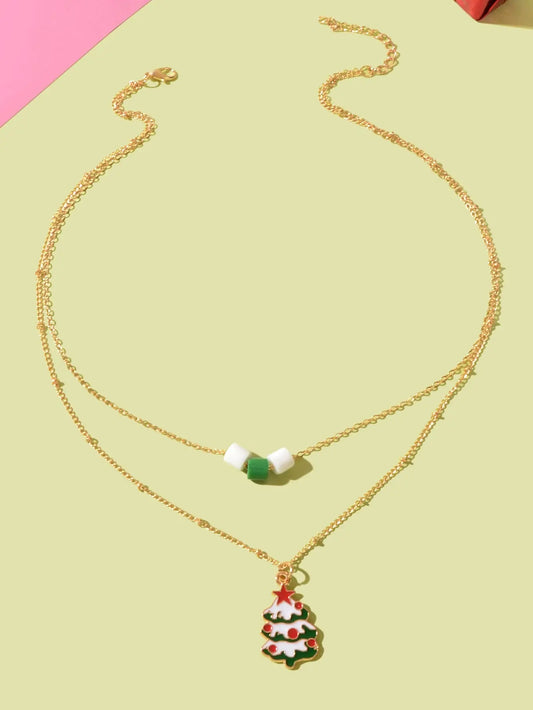 Festival Party Jewellery Gift Gold Layered Chain Christmas Tree Pendant Necklace Feelontop Jewellery
