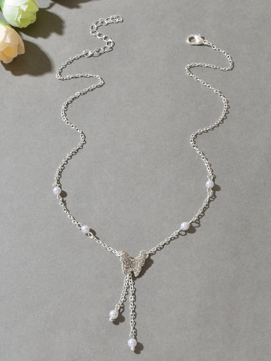 Sparkling Butterfly Pendant Y-Drop Necklace Tassel Clavicle Collar Women Jewelry Feelontop Jewellery