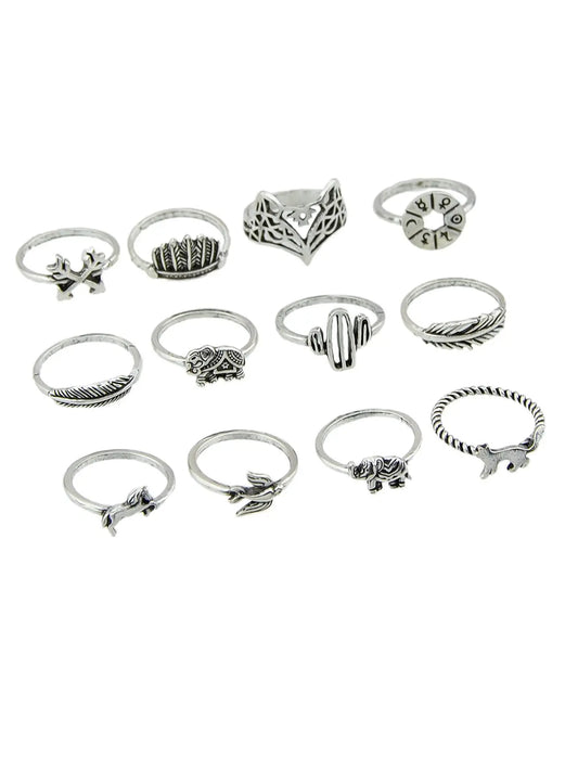 12 pcs Antique Silver Fox Bird Elephant Stackable Multiple Ring Set Jewellery Feelontop Jewellery