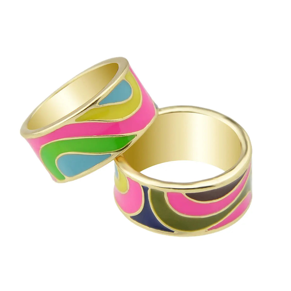 Ethnic Jewelry Geometric Pattern Colourful Enamel Gold Chunky Bohemian Band Ring Feelontop Jewellery