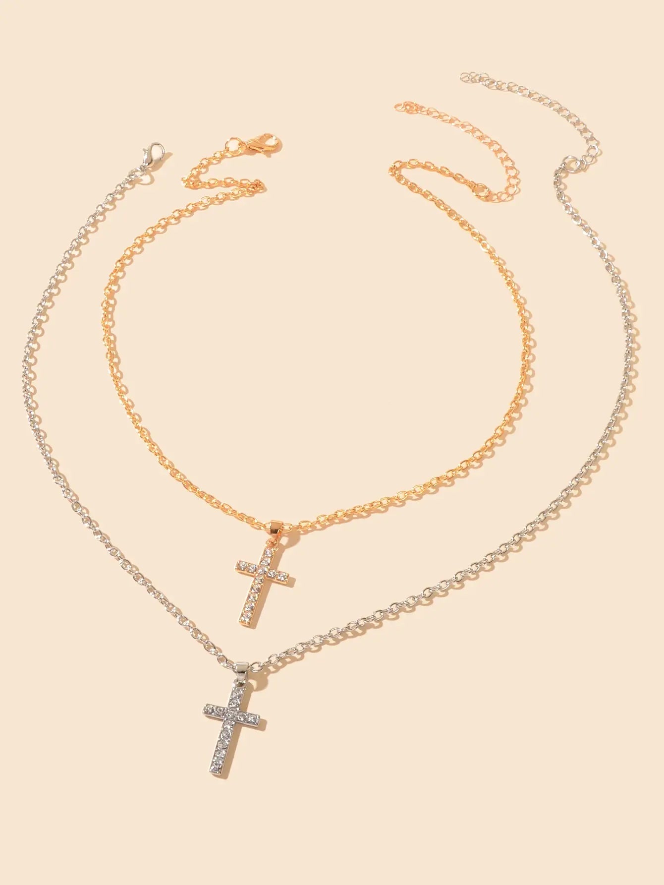 2 pcs Gold Silver Chain Rhinestone Cross Matching Necklace Lovers Couples Gift Feelontop Jewellery