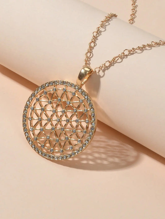 Good Quality Jewellery Gold Chain Rhinestone Decor Hollow Round Pendant Necklace Feelontop Jewellery