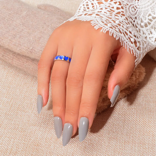 Blue Enamel Heart Silver Comfort Fit Promise Ring Women Wedding Eternity Band Feelontop Jewellery