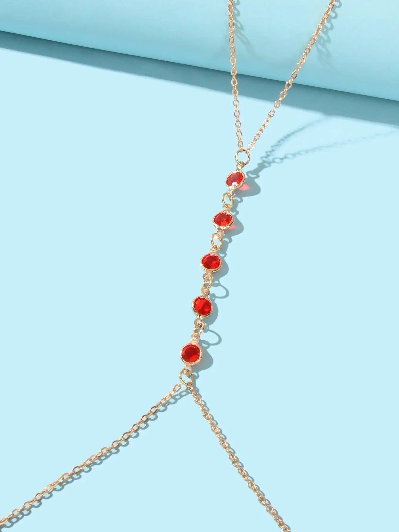 Sexy Red Beaded Decor Gold Body Chain Crossover Summer Beach Bikini Body Jewelry Feelontop Jewellery