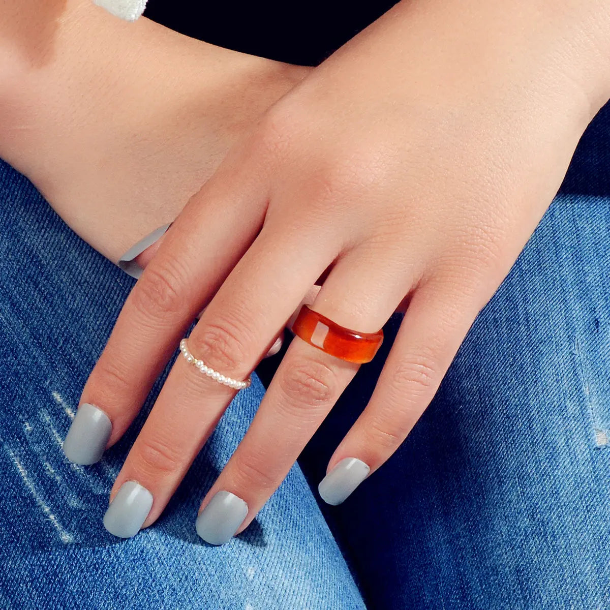 2pcs Pearl Elastic Resin Transparent Trendy Chunky Multiple Rings Bulk Pack Gift Feelontop Jewellery