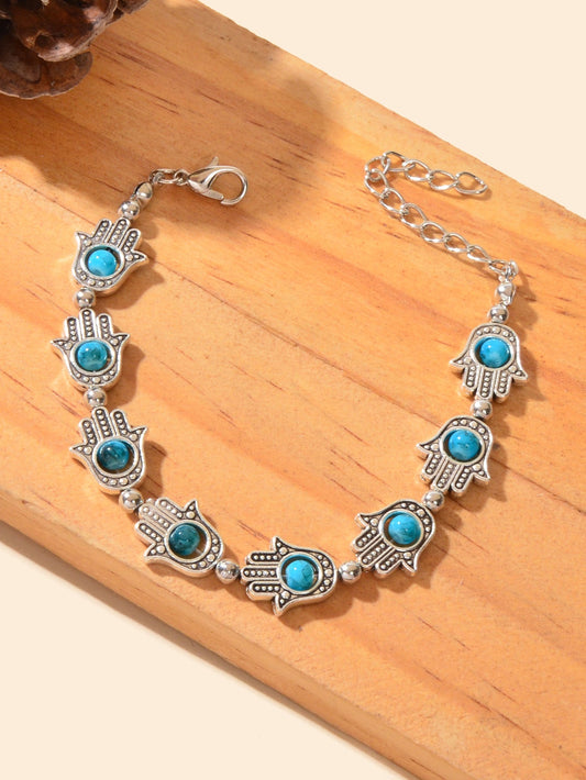 Ethnic Jewellery Vintage Handmade Blue Red Beaded Antique Silver Hand Bracelet Feelontop Jewellery