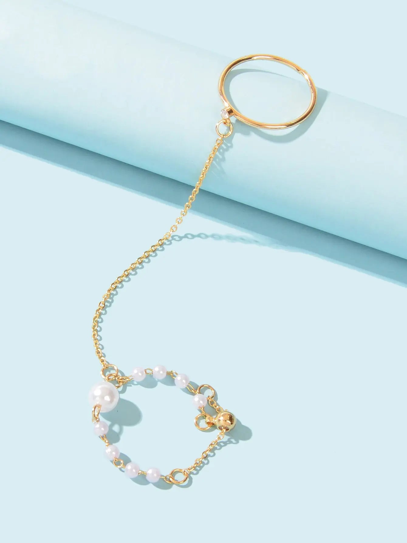 Pearl Punk Stackable Knuckle Chain Tassel Double Finger Midi Rings Feelontop Jewellery