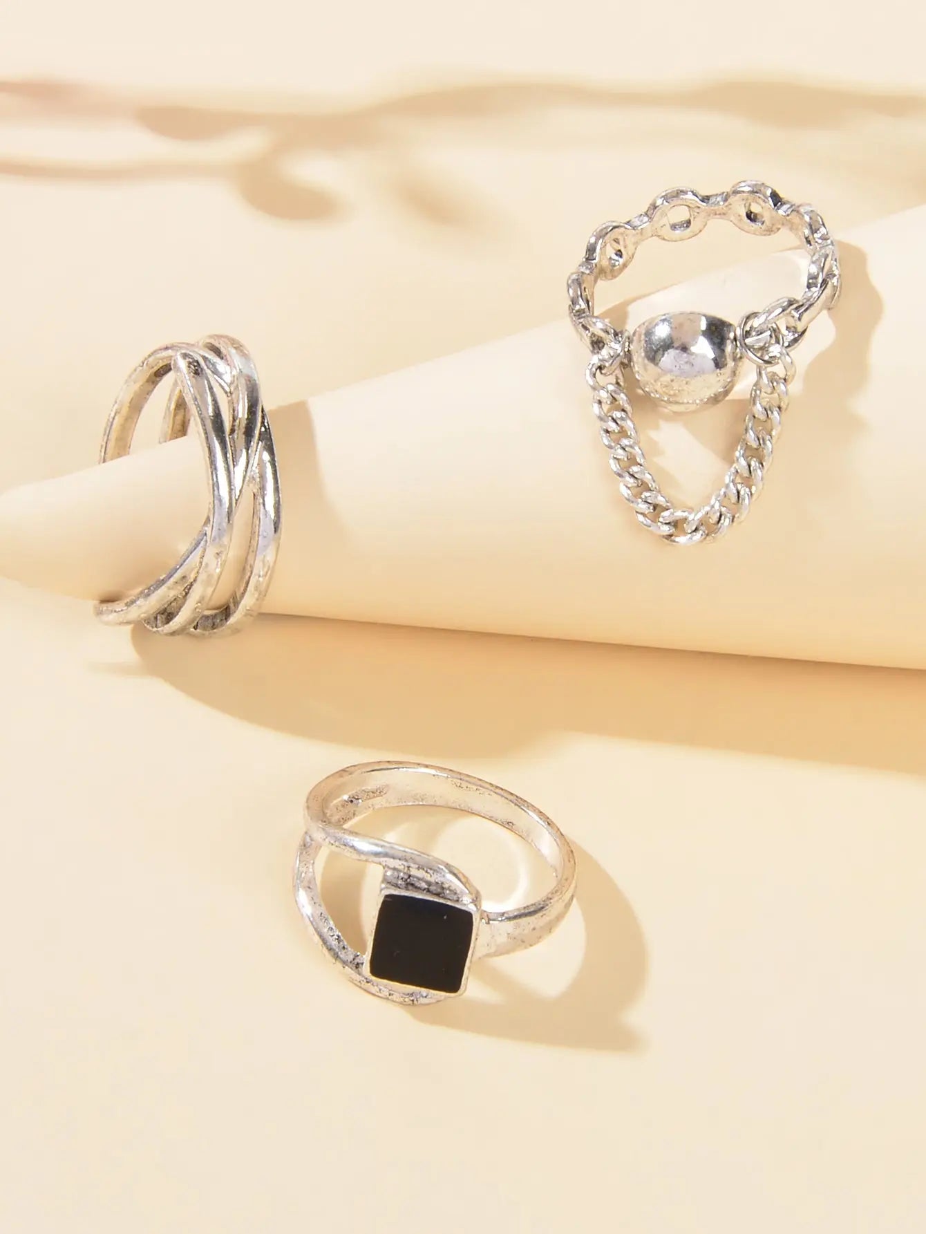 3 pcs Punk Silver Hollow Carved with Chain Statement Stacking Knuckle Rings set Feelontop Jewellery