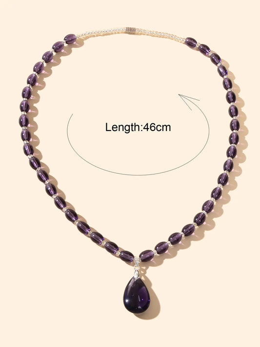 Ethnic Jewelry Sweater Chain Purple Beaded Water Drop Pendant Bohemian Necklace Feelontop Jewellery