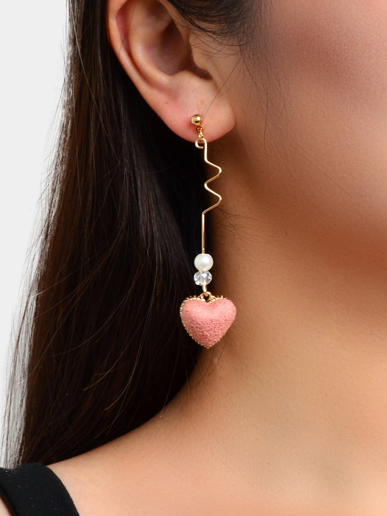 Valentine's Day Gift Bow Tie Pink Heart White Pom Pom Ball Asymmetrical Earrings Feelontop Jewellery