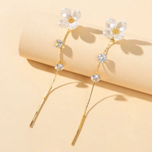 Designer Jewellery Rhinestone White Flower Long Chain Bar Charm Dangle Earrings Feelontop Jewellery