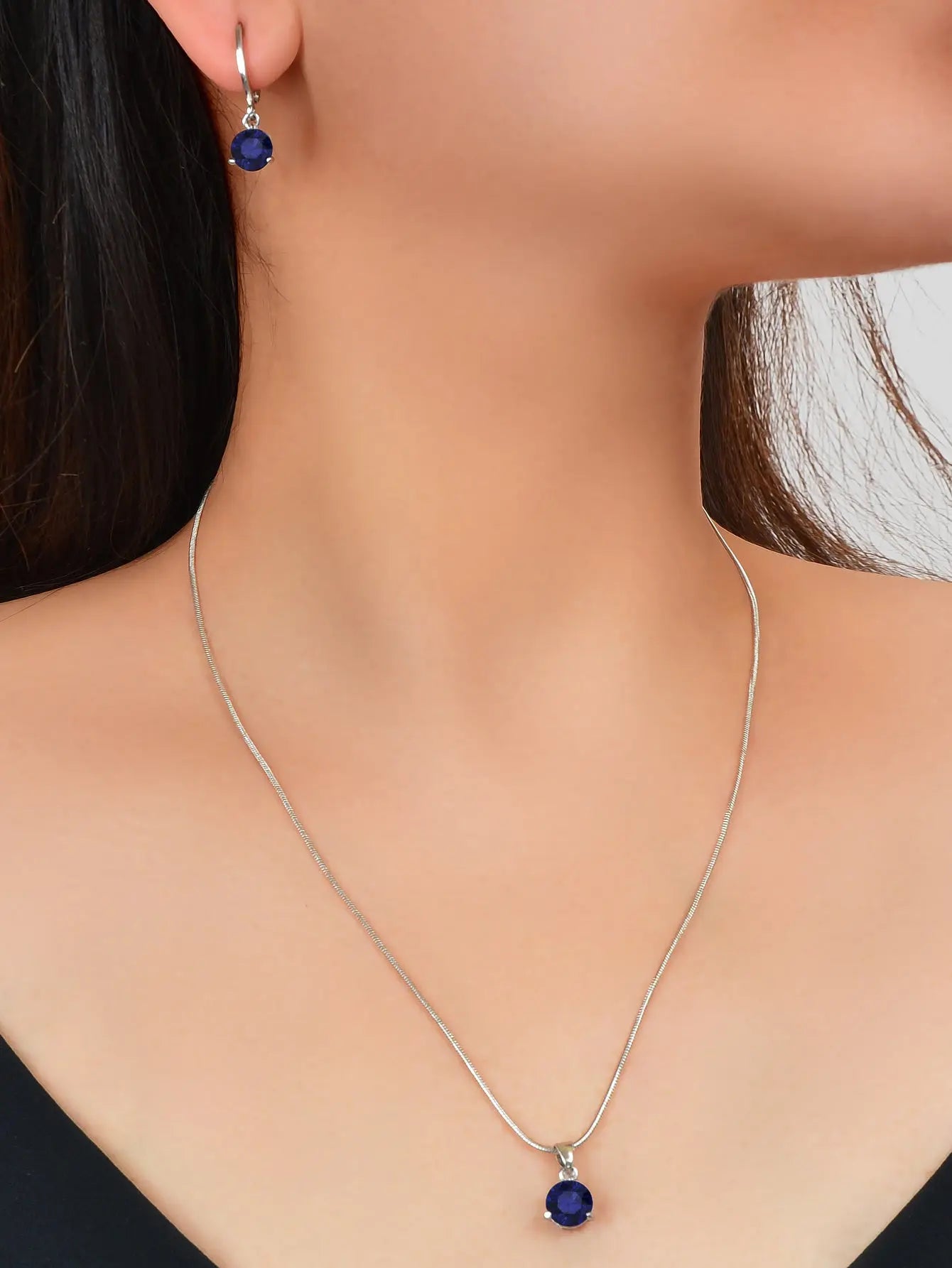 Round Navey Blue Imitation Gem Pendant Necklace Huggie Earrings Jewellery Set Feelontop Jewellery