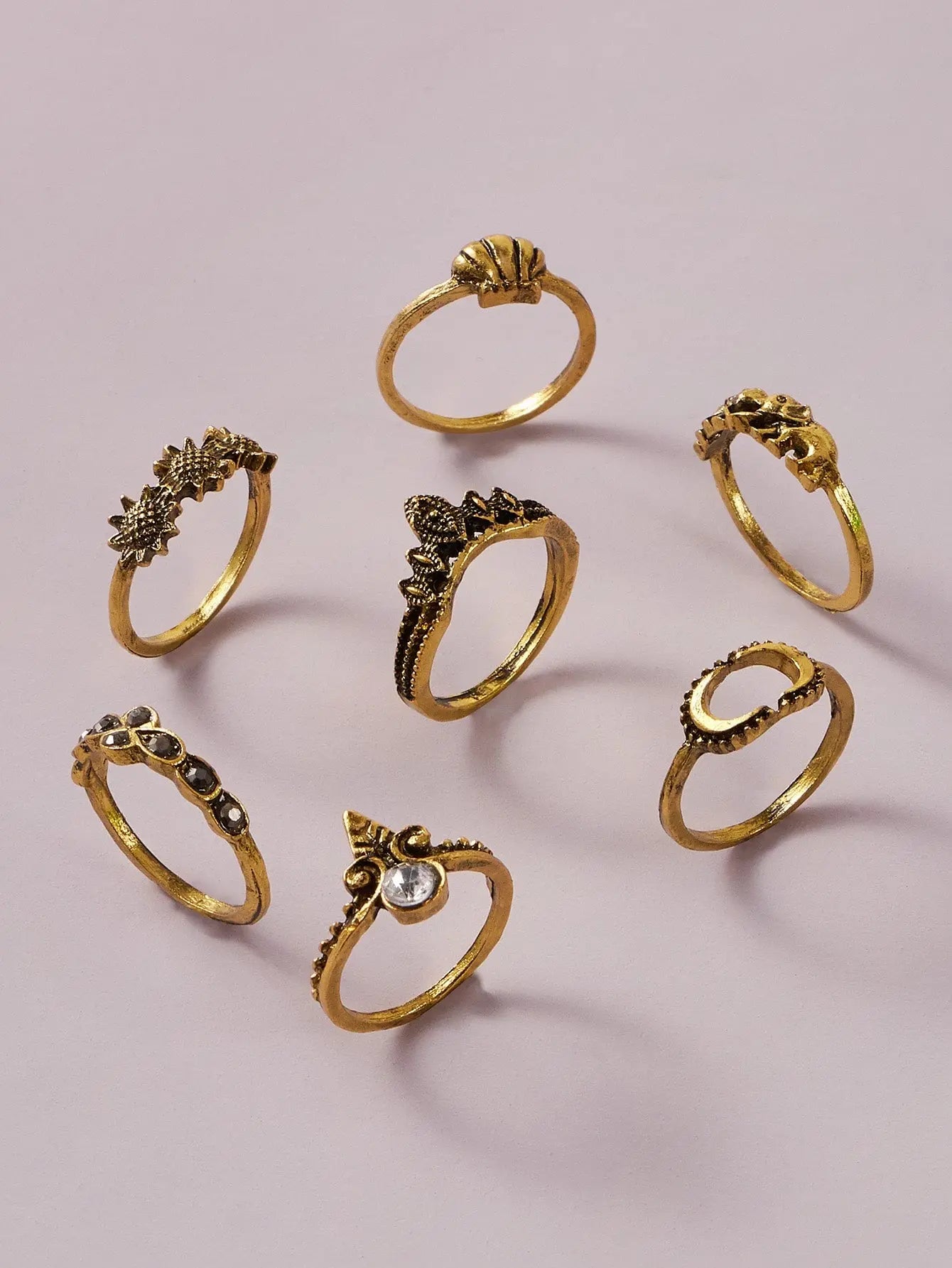 7 pcs Vintage Jewellery Oxidized Antique Gold Moon Shell Finger Ring Set Feelontop Jewellery
