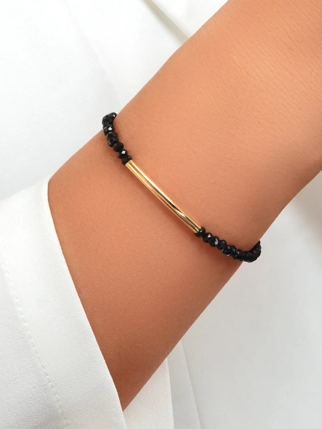 Trendy Handcrafted Black Beads Gold Metal String Bracelet Women Bangle Jewellery Feelontop Jewellery