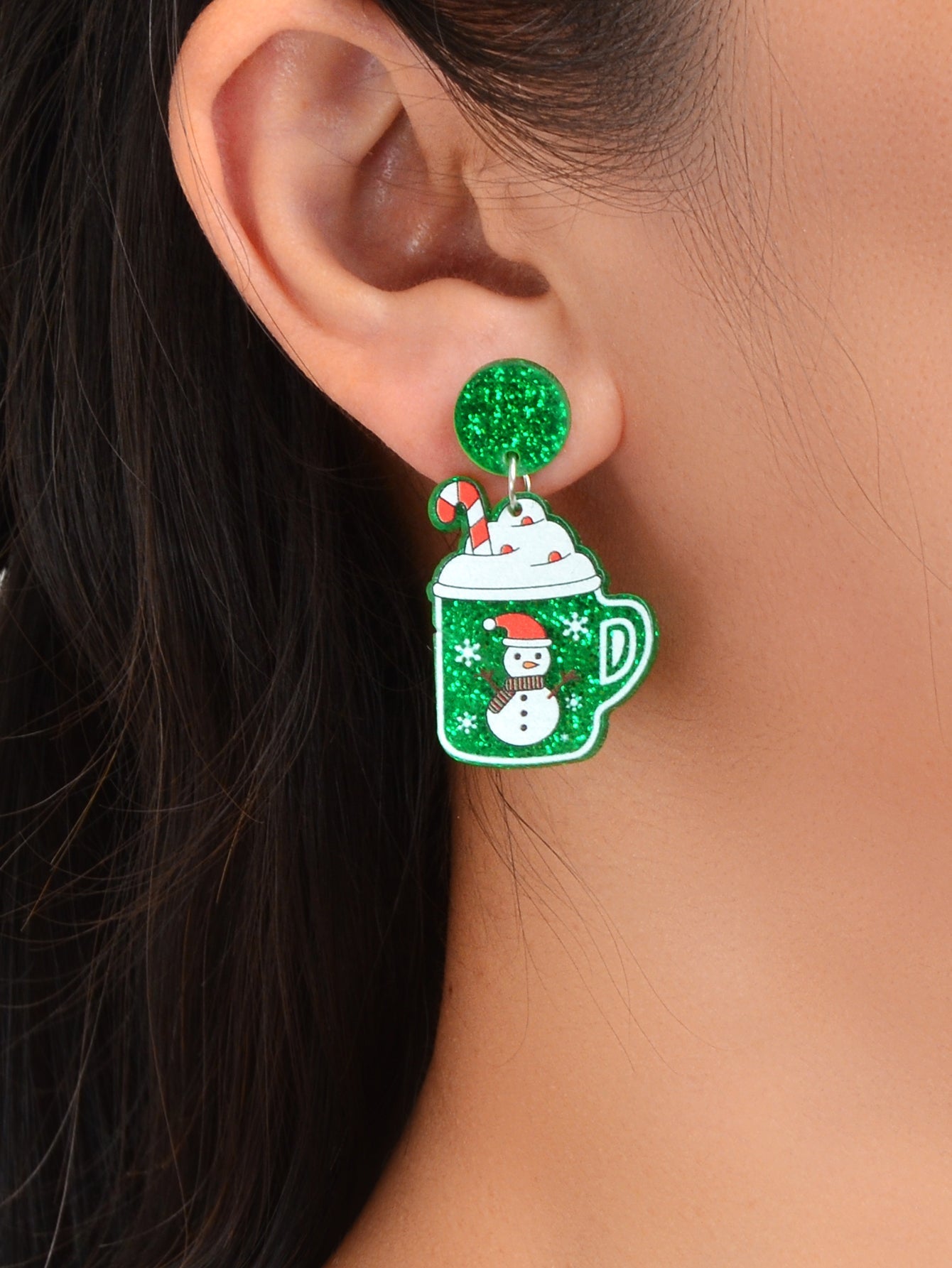 Christmas Sparkling Snowman Candy Cane Pattern Green Ice Cream Cup Earrings Gift Feelontop Jewellery