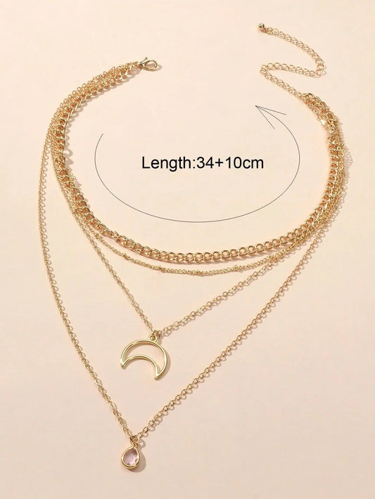Multi-layer Gold Tone Chain Moon Water Drop Pendant Necklace Girls Party Jewelry Feelontop Jewellery