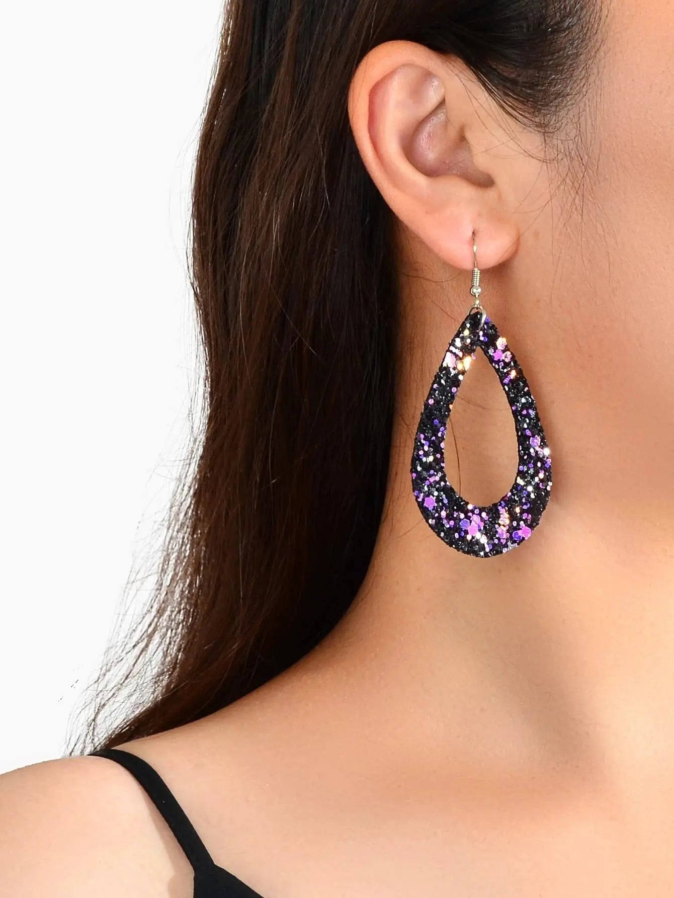 Boho Chic Gold Black Leather Shining Sequins Water Drop Big Dangle Earrings Gift Feelontop Jewellery