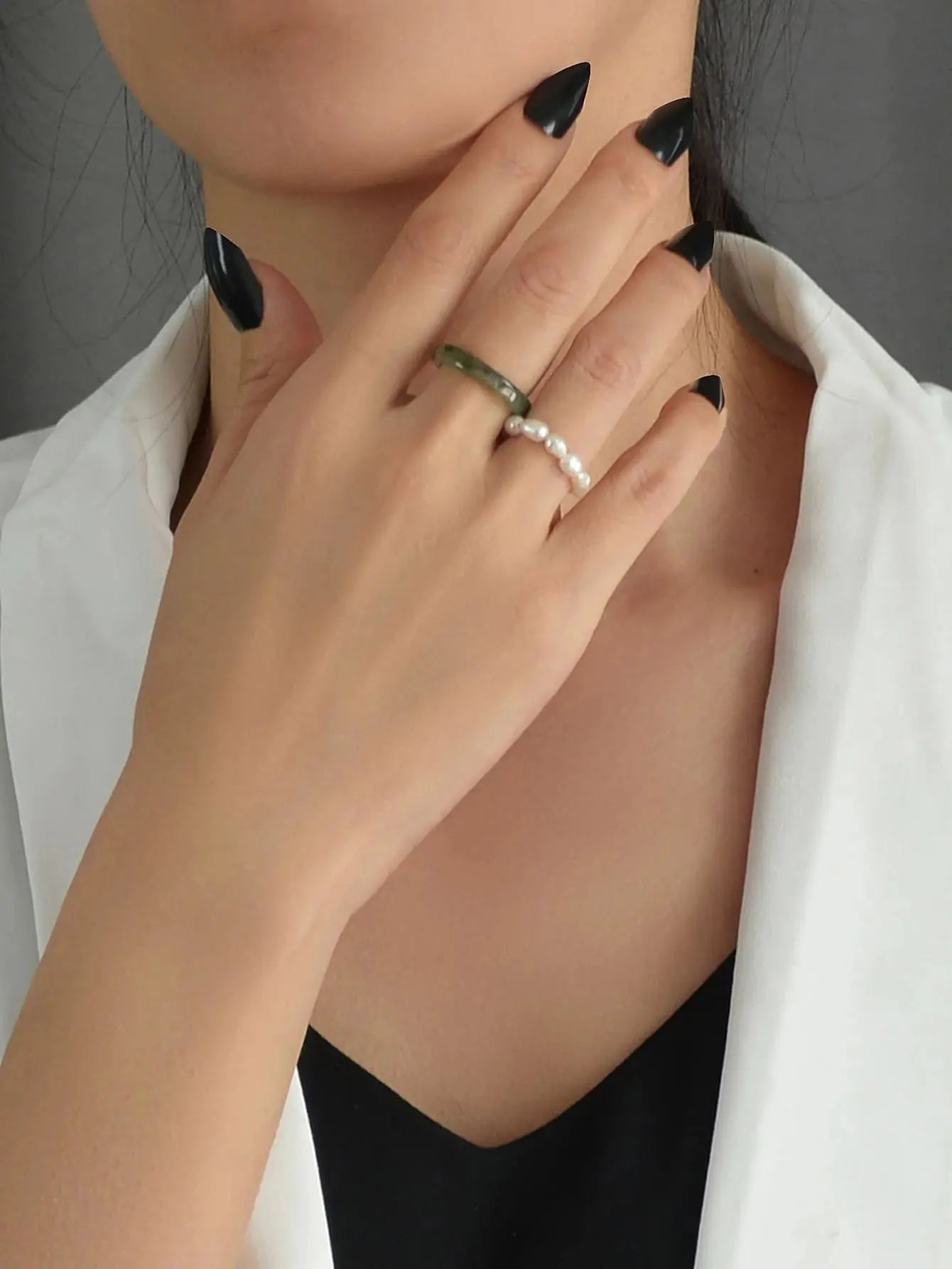 Feelontop 2pcs Pearl Elastic Retro Green Red Acrylic Ring New Women Accessories Feelontop Jewellery