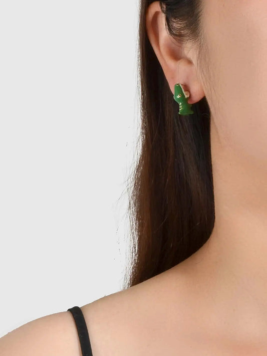 Punk Rock Jewelry Green Enamel Crocodile Head Statement Stud Earrings Teens Gift Feelontop Jewellery
