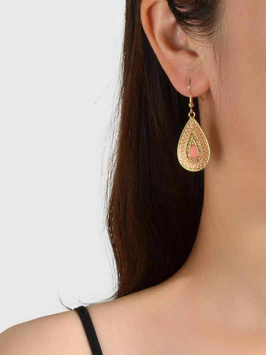 Rhinestone Pink Enamel Water Drop Earrings Teardrop Crystal Dangle Hook Ear Stud Feelontop Jewellery