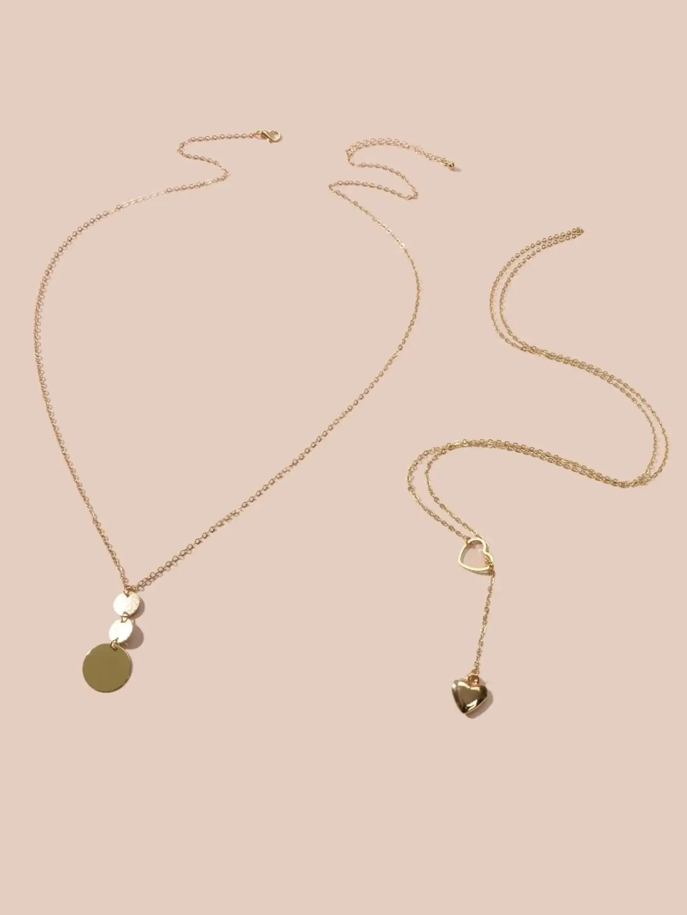 2 pcs Gold Chain Round Disc Love Heart Pendant Necklace Double Collar Women Gift Feelontop Jewellery